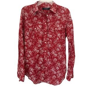 Lauren Ralph Lauren Black Label Women's Shirt Red XS Floral Cotton Voile Preppy